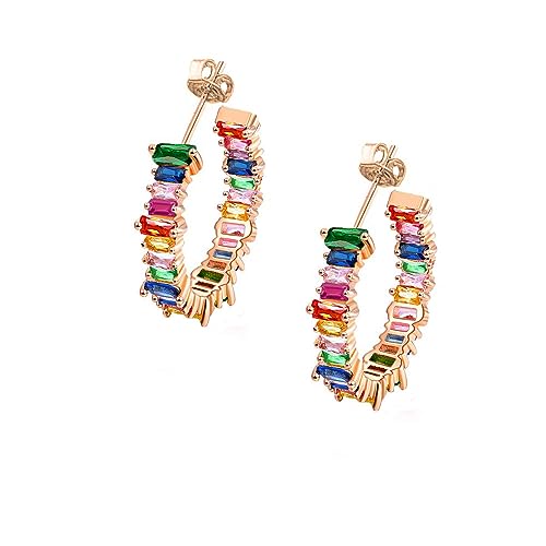 Savlano 14K Gold Plated Cubic Zirconia Multicolor Rainbow Round Hoop Stud Earrings for Women Comes with a Gift Box - color: Rose Gold