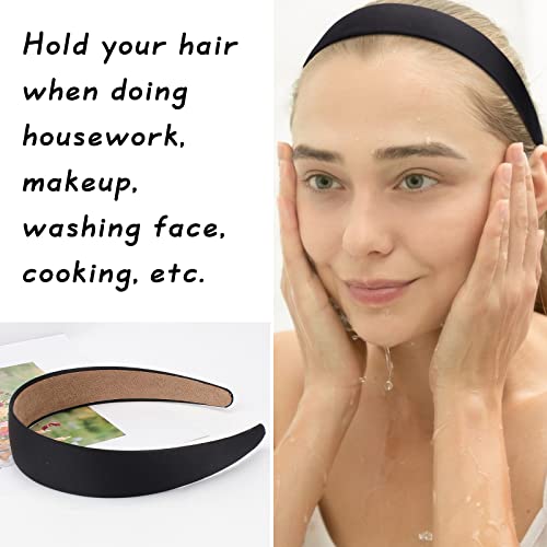 Wecoe 10 Pack Black Satin Wide 1.3 Inch Non-Slip Fashion Halloween DIY Plain Solid Hair Bands for Women and Girls - color: Black