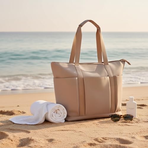 Waterproof Tote Bag with Zipper Foldable Beach Bag for Travel - color: Beige