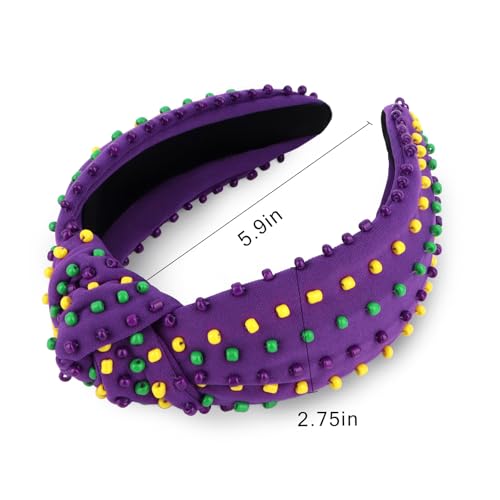 YISSION Mardi Gras Knotted Beaded Wide Headband for Adults - Purple Green Yellow Festival Hair Accessory for Parade, Costume Party & Celebration - color: Purple,Yellow,Green