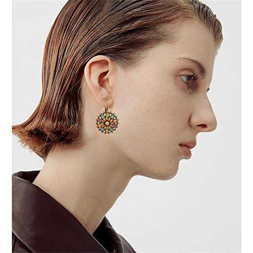 Unique Bohemian Vintage Sparkly Crystal Colorful Round Flower leverback earrings Boho Retro Bronze Circle Beaded Flower Floral Dangle Drop Earrings for Women - color: Colorful