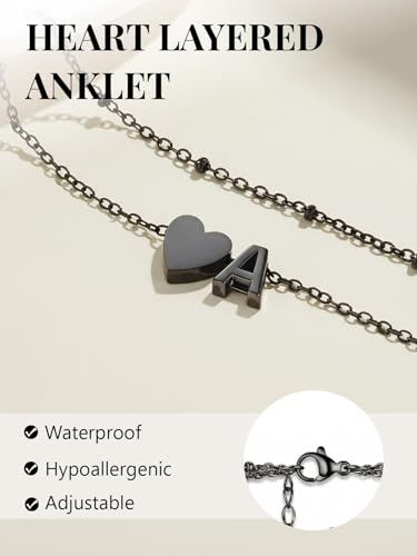 Silvora Ankle Bracelets for Women Waterproof 14K Gold/Silver/Black Initial Anklet for Women Dainty Layered Heart Ankle Bracelets Stainless Steel Adjustable Foot Chain Anklet Summer Beach Jewelry - color: Black-Stainless Steel, size: 18.R
