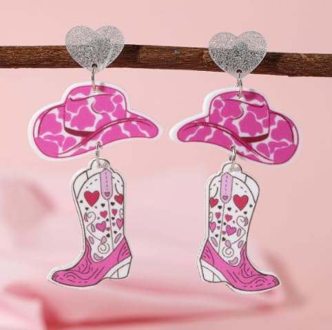 Western Cowboy Style Pink Heart Hat & Boot Acrylic Earrings Boho Festival Stackable Jewelry for Women - color: C
