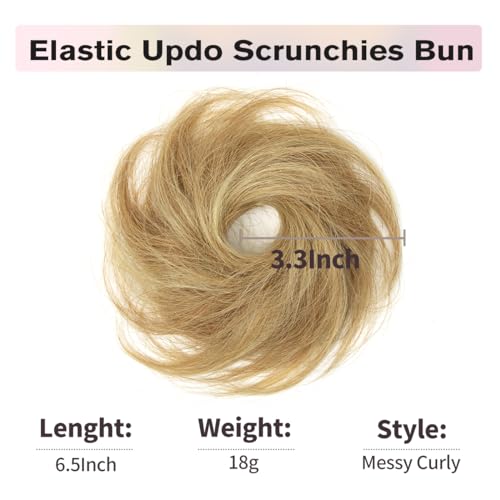 2 PCS Human Hair Bun, Messy Bun Hair Piece, Soft Fluffy Elastic Scrunchie, 30s Easy Updo for Women & Kids, Ideal for Daily Wear, Ballet, Dance & Office Use (Honey Highlights Golden) - color: Honey Highlights Golden, size: 4 Inch