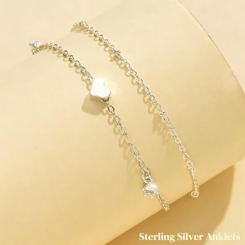 925 Sterling Silver Ankle Bracelets for Women 14K Gold Plated Layered Anklet Sets Dainty Heart Anklets Chain Waterproof Beach Foot Jewelry Gifts - style: Heart-Silver2