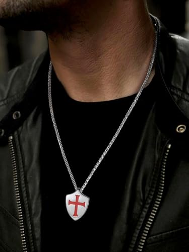 FaithHeart Knights Templar Necklace for Men, Christian Necklace for Men Stainless Steel Pendant Neckalces Christian Gifts with Gift Box - color: 06. Shield-Silver(Custom)