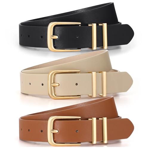 3 Pack Women's Belts for Jeans Pants Dresses Fashion Ladies Leather Waist Belt with Buckle Leather Belts - color: Black+beige+brown(gold), size: Fit Waist Size 25-30in