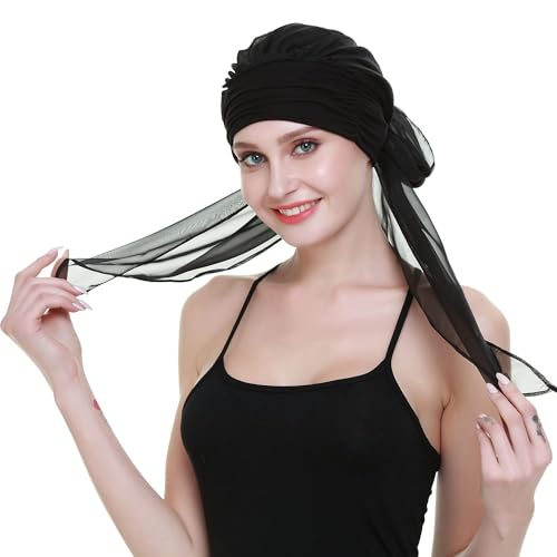 Chemo Headwear Turbans for Women Long Hair Head Scarf Headwraps Cancer Hats - color: Both Black