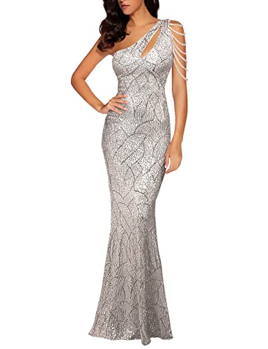 Women One Shoulder 1920s Plus Size Formal Dress Tassels Sleeve Sequins Gatsby Maxi Evening Gown - color: A-silver, size: Small