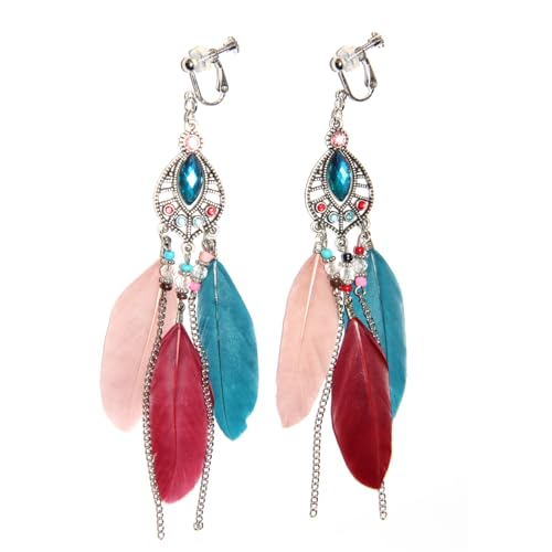 Clip on Tassel Dangle Earrings for Boho Women, Non Pierced, Colorful Feather Handmade Beads Fashion Vintage Fringe Jewelry for Parties Weddings Festivals Trendy Statement Earrings for Bohemian - color: Color A