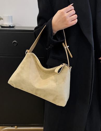 Suede Shoulder Bags For Women Crossbody Bag Suede Tote Bag Satchels Slouchy Work Purses Crescent Handbag Fall Top Handle - color: Beige