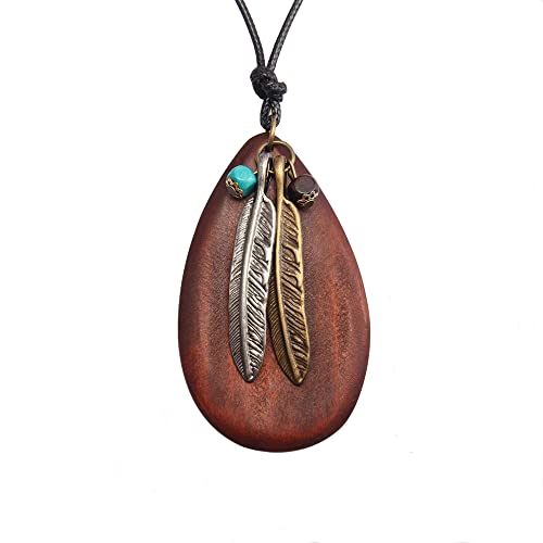 GelConnie Leather Cord Necklace Chain Multilayer Wooden Pendant Necklaces Vintage Jewelry Boho Long Sweater Necklace for Women Men - color: Feather Wood Necklace