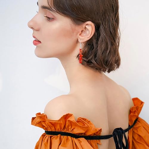 Handmade Bohemian Vintage Silver Nature Stone Beads Long Dangle Drop Earrings for Women - color: Orange Red