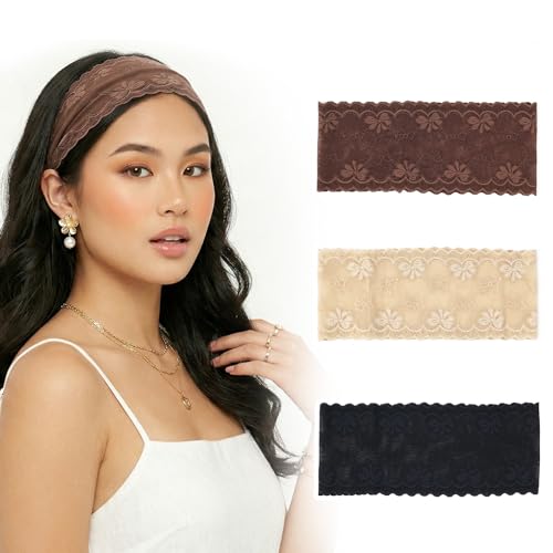 Aranya 3 Pack Vintage Lace Headbands for Women - Dark Coquette Bow Pattern Wide Hair Bands - Soft Beige Black Brown Hairwraps for Light Academia Daily Wear, Makeup, & Yoga - color: Coquette Fairycore