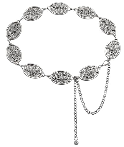 XZQTIVE Women Boho Chain Belts For Dresses Jeans Western Cowgirl Waist Links Belt Adjustable Metal Concho Belt - size: Fit Waist upto 36inches, style: Matte Bull Silver