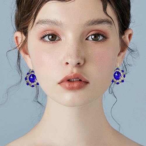 Handmade Bohemian Vintage Gold Sparkly Crystal Round Flower Leverback Earrings Cute Rhinestone Geometry Dangle Drop Earring for Women - color: Royal Blue