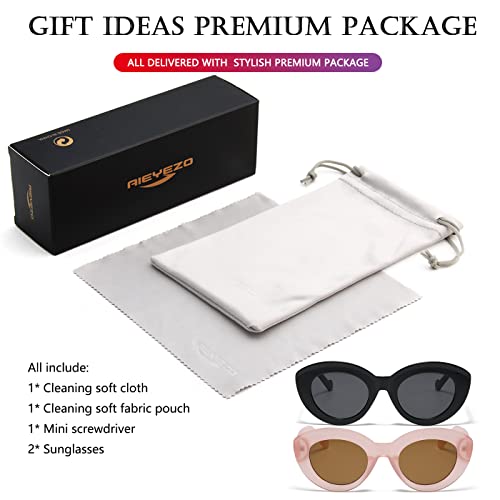 AIEYEZO Oversized Cat Eye Sunglasses for Women Cute Oval Thick Frame Cateye Sun Glasses Chic Retro Style Shades - color: 2 Set (Black + Pink)