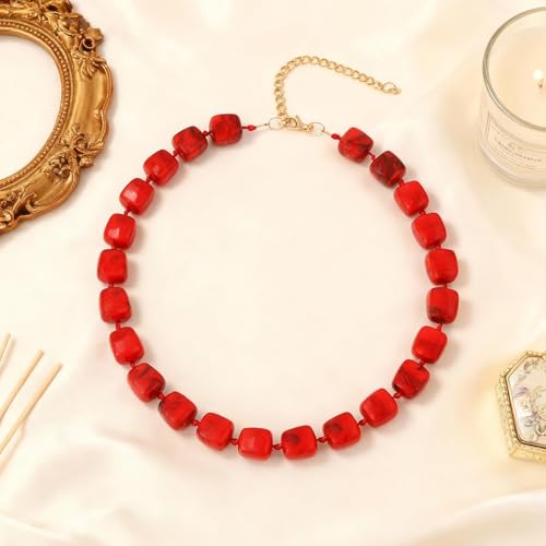 Statement Bead Necklaces for Women Boho Collar Necklace Chunky Red Resin Simple Elegant Bohemian Dress Accessories - color: A2:Bright red bead necklace