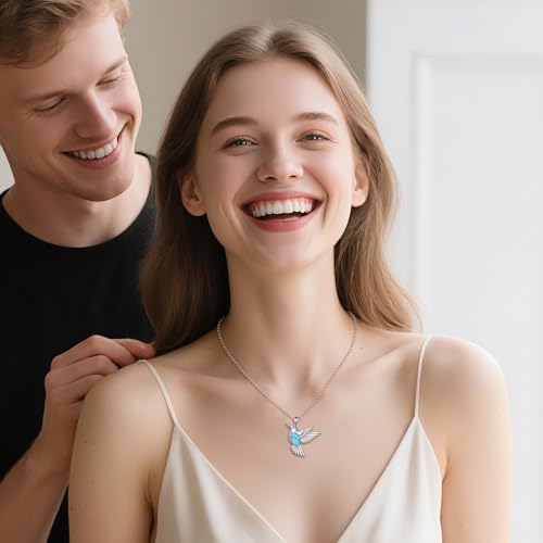 POPLYKE Hummingbird Necklace 925 Sterling Silver Hummingbird Pendant Necklace Jewelry Gift for Women - color: A-Turquoise Hummingbird