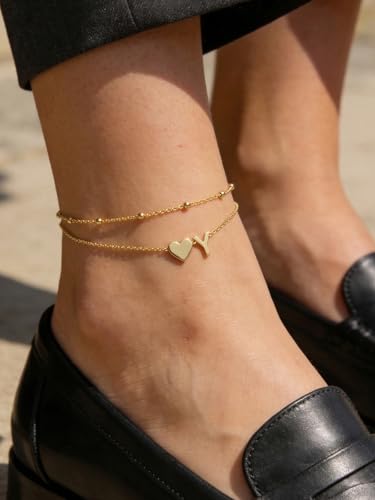 Silvora Ankle Bracelets for Women Waterproof 14K Gold/Silver/Black Initial Anklet for Women Dainty Layered Heart Ankle Bracelets Stainless Steel Adjustable Foot Chain Anklet Summer Beach Jewelry - color: Gold-14K Gold Plated, size: 25.Y