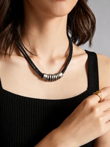 PU Leather Necklace Vintage Boho Style Multilayer Pendant Long Sweater Necklace Jewelry for Women Men with Adjustable Leather Cord - color: Braided Leather Choker Necklace
