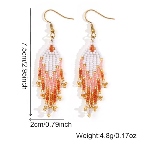 Bohemian Beaded Long Tassel Dangle Earrings for Women, Handmade Jewelry White Tarnish Resistant Lightweight Design, Stylish Accessory for Beach Vacation Party and Gift - color: Pink