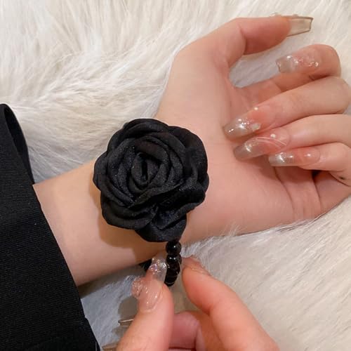 Vintage Imitation Pearl Bracelet with Rose Flower Charm Dainty Pearl Wrist Band Boho Rose Hand Accessories for Women Bridal Wedding Prom Festival - color: Black