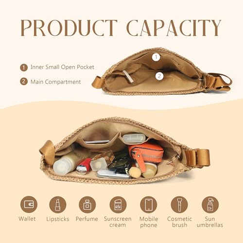 Straw Crossbody Bag for Women Summer Woven Beach Handbag Crescent Shoulder Purses with Adjustable Strap 2025 - color: Brown