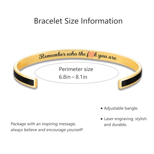 Remember Who The You Are Motivational Cuff Bracelet for Women, Stainless Steel Color Inspirational Bangle Bracelets with Engraved Hidden Message Jewelry for Sisters BFF Friends Gifts - color: Gold/Black 01