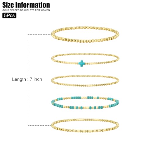 VIBILIA Gold Beaded Bracelets Set for Women 14K Gold Plated Dainty Pearl Cross Bracelet Stack Stretch Bracelet Set Fashion Accessories Gifts - color: 5P-MZSZJ-Green