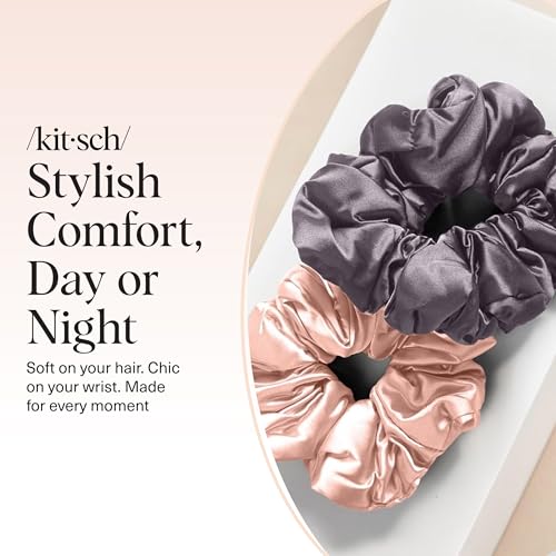 Kitsch Satin Hair Scrunchies for Women, Softer Than Silk Scrunchies for Hair - No Damage Satin Hair Ties, Ponytail Holders | Ideal Gifts for Women, 2pc (Blush/Charcoal) - color: Blush/Charcoal
