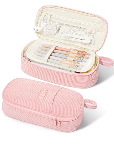 SUNEE Cute Pencil Case, Large Pencil Pouch, Aesthetic Big Pencil Bag with Zipper, Kawaii Stationery Storage and Organizer, Soft Corduroy Bag School Supplies for Teen and Adult, Boys&Girls, Soft Pink - color: Soft Pink
