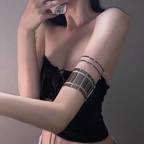 Gothic Leather Arm Band, Adjustable Upper Arm Strap with Metal Ring,Armlet Black - color: Silver
