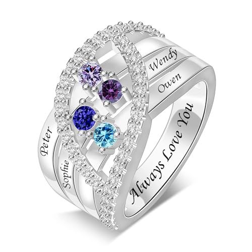Personalized Name Family Rings Custom 1-6 Birthstones Mother's Rings Sterling Silver Promise Ring for Mother's Day Daughter Grandma Women - color: 4 stones