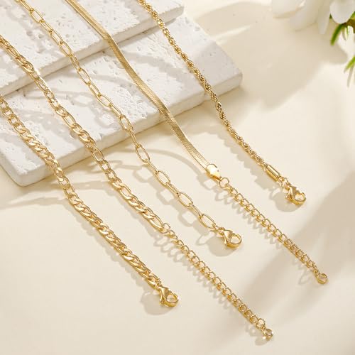 Ritach Ankle Bracelets for Women - Silver/Gold Plated Stainless Steel Anklets for Women Waterproof Layered Cuban Link Figaro Chain Heart Anklets Set Summer Beach Jewelry Gifts - color: Gold-Snake & Paperclip & Figaro & Twist & Cuban Chain