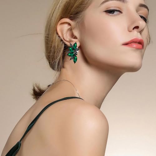 Bohemian Statement Sparkly Colourful Fancy Rhinestone Crystal Flower Dangle Drop Stud Earrings Vintage Wedding Bridal Prom Earrings for Women - color: Black Green