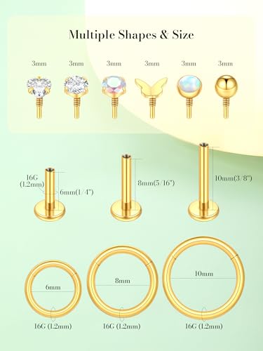 Oveta 16G 18G Flat Back Studs Earrings for Tragus Cartilage Piercing Jewelry, Surgical Steel Nose Rings Hoops 6/8/10mm, Silver/Gold - color: Gold, size: 16g*6/8/10mm bar