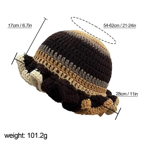 Handmade Crochet Bucket Hat for Women Boho Chic Slouchy Design Colorblock Ruffled Brim Festival&Daily Crochet Hat - color: Khaki Coffee Grey