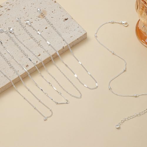 Silver/Gold Anklets for Women, Sterling Silver Evil Eye Ankle Bracelets for Women Trendy Dainty Waterproof Anklets Set Adjustable Layered Anklet Bracelets for Women Silver Jewelry Gift - style: 5Pairs Anklets-Silver