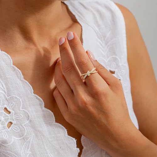 FISSEN JEWELRY Gold Rings for Women, Non Tarnish Dainty 14k Gold Plated Silver CZ Cross Ring Cute Cubic Zirconia Pinky Thumb Stackable Band Silver Finger Rings Size 6-10 Jewelry for Her - color: Gold Diamond Knot