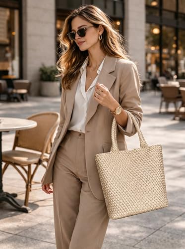 BAGOK Woven Tote Bag for Women, Handwoven Vegan Leather Shoulder Bag with Clutch, Large Tote for Work, Travel & Beach - color: Gold