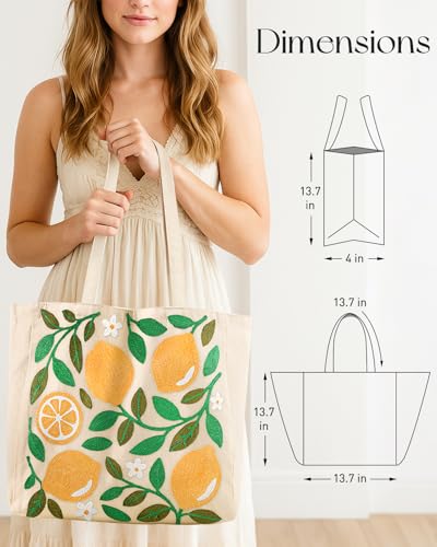 Miss Adola Embroidery Tote Bag with Pocket & Buckle - Reusable Canvas Tote for Women Cute Aesthetic Work Shopping Grocery Bag - style: Lemon