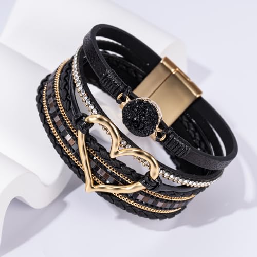 Boho Leather Wrap Bracelets Beaded Stackable Cuff Bracelet Country Concert Outfits Cowboy Cowgirl Western Jewelry Gifts for Women - color: Heart-Black