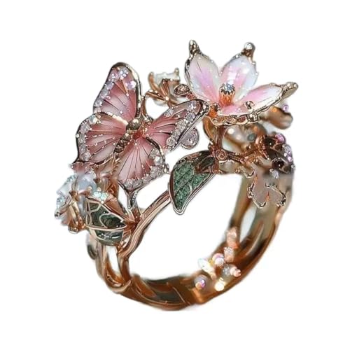 Butterfly Flower Ring for Women Enamel Flower Butterfly Finger Ring with Adjustable Opening Pink Ring Sparkling Fashion Flower Ring Christmas Birthday Party Prom Clothing Jewelry - color: Rose Gold