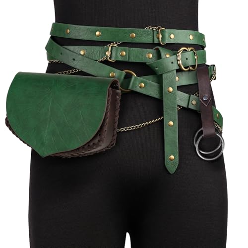 EpicCos Leaf-Patterned Waist Bag, Renaissance Multi-Turn Wrapped Faux Leather Belt with Skirt Clip for Ren Faire Forest Costumes (Green A)