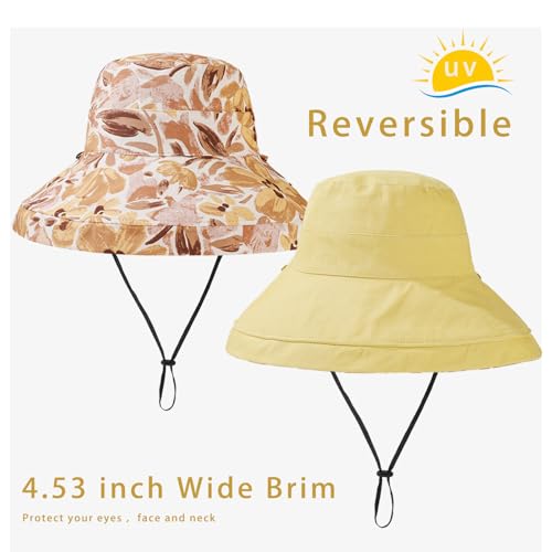vidsel Womens Sun Hats Wide Brim Reversible Bucket Cotton Hat Packable Summer Travel Cap with Hat Clip,UV Protection - color: Yellow, size: Medium