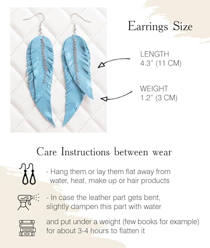 Black shiny Leather Feather Earrings for Women, Lightweight Minimal Boho Dangle Earrings, Small Simple Everyday Jewelry - color: Turquoise shiny