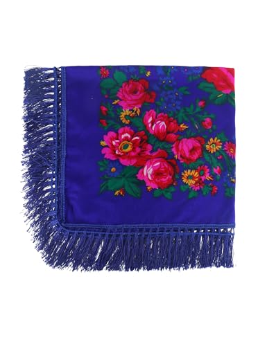 MJ SERECA Acrylic Bandana Printed Hair Scarf Square Ukrainian Head Scarf Floral Babushka Neck Scarf for Women 30"/42"/60" - color: Navy With Tassel