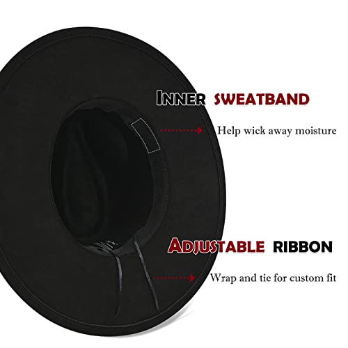 FLUFFY SENSE. Big Wide Brim Fedora Hat for Women - Nashville Outfits Western Hats Women's Felt Panama Rancher Hat - color: Vintage Black