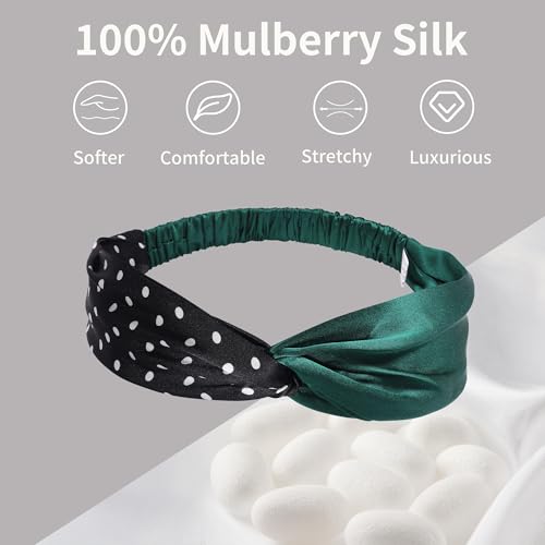ZLYC Mulberry Silk Headband Elastic Twist Knotted Head Bands for Women's Hair, Polka Dots and Dark Green - color: Polka Dots and Dark Green
